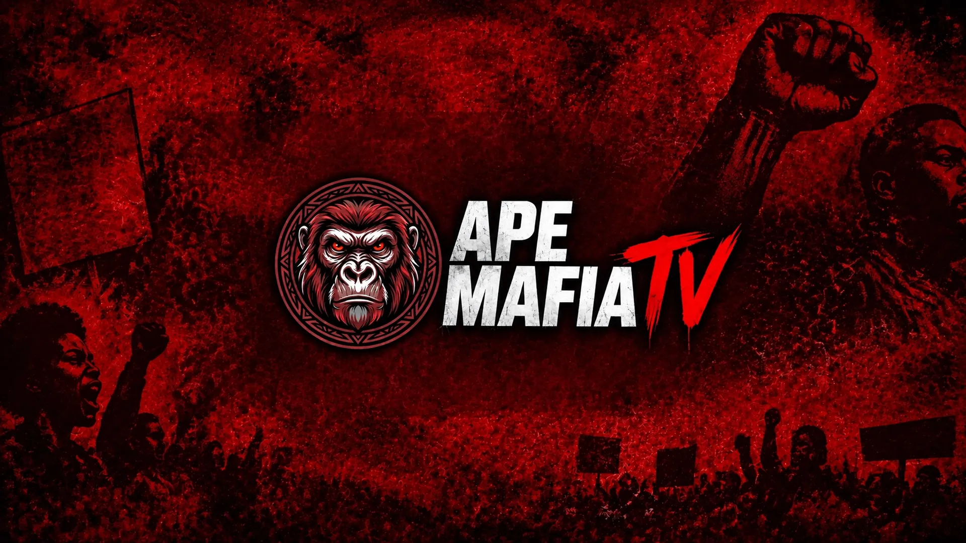 APE Mafia TV banner with the A.P.E. gorilla emblem and protest crowd
